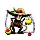 a monkey with a heart as a pupille. He wears a straw hat and got an half eaten apple in his hand. he wears a chain. tattoo design idea
