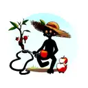 a monkey with a heart as a pupille. He wears a straw hat and got an half eaten apple in his hand. he wears a chain. tattoo design idea