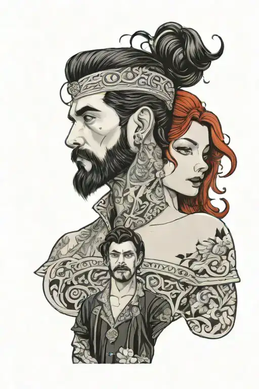 a handsome young bearded man with black hair accompanied by his red-haired princess tattoo design idea