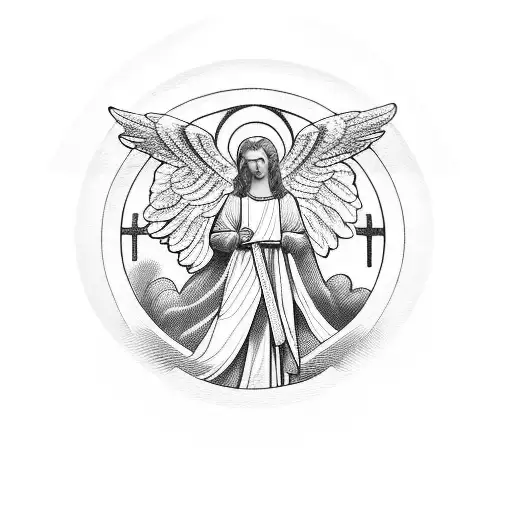 Stained glass window of a church with an angel in the foreground tattoo design idea