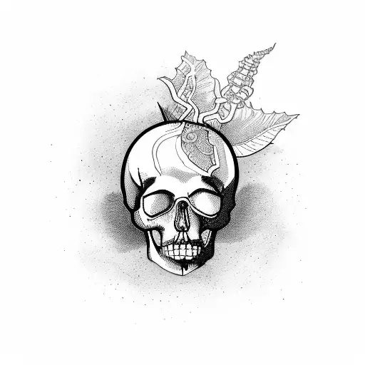 A unique blackwork vase showcasing a mysterious human skull and a haunting eye tattoo design idea