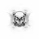 A unique blackwork vase showcasing a mysterious human skull and a haunting eye tattoo design idea