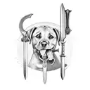 labrador dog holding sword in its mouth tattoo design idea