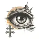 Crying eye, 3 crosses on a hill, sunrise in background tattoo design idea