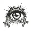 Crying eye, 3 crosses on a hill, sunrise in background tattoo design idea