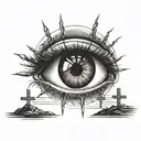 Crying eye, 3 crosses on a hill, sunrise in background tattoo design idea