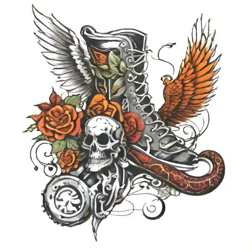 A tearing effect on the calf with a mechanical calf inside. Track shoe and wing on the ankle. A vine and a snake wrappin tattoo design idea