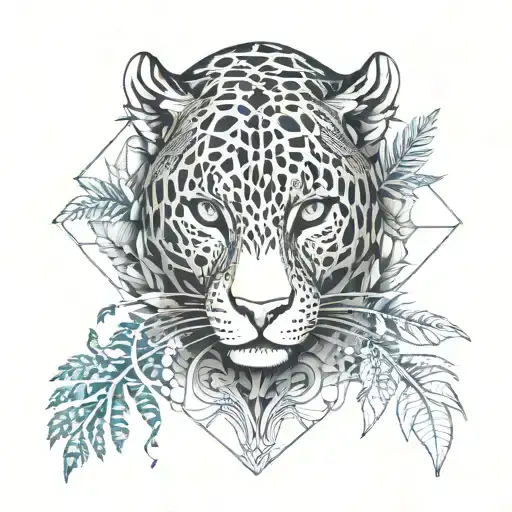 jaguar with dragon with leafs and ferns and birds tattoo design idea