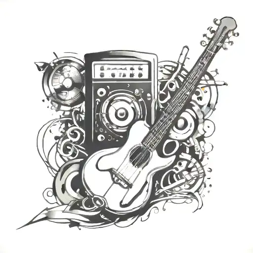 An abstract design combining musical instruments, medical tools, and tech symbols, showcasing your diverse interests and occupations tattoo design idea