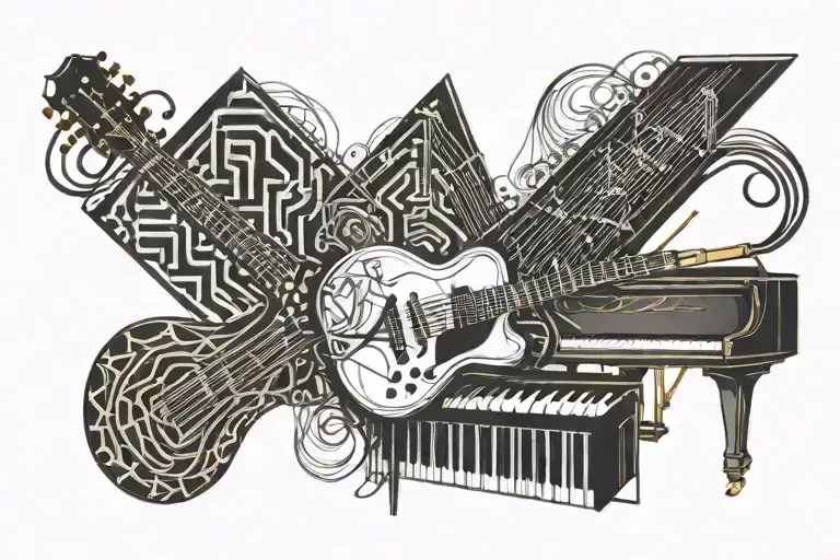 guitar and piano keyboard intertwined tattoo design idea