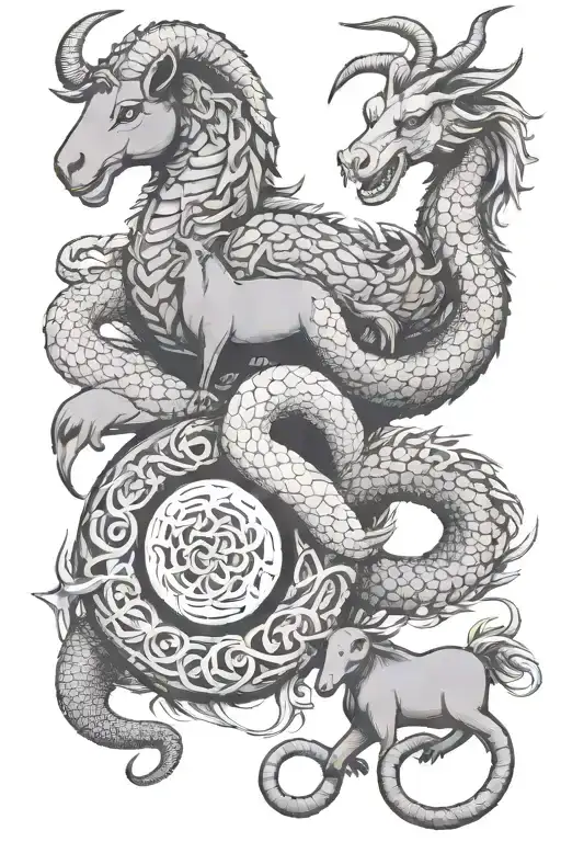 sheep, dragon, snake and rat zodiac symbols intertwined tattoo design idea
