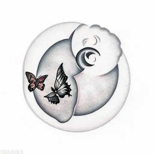 half moon with 3 butterflies and clouds tattoo design idea