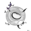 half moon with 3 butterflies and clouds tattoo design idea