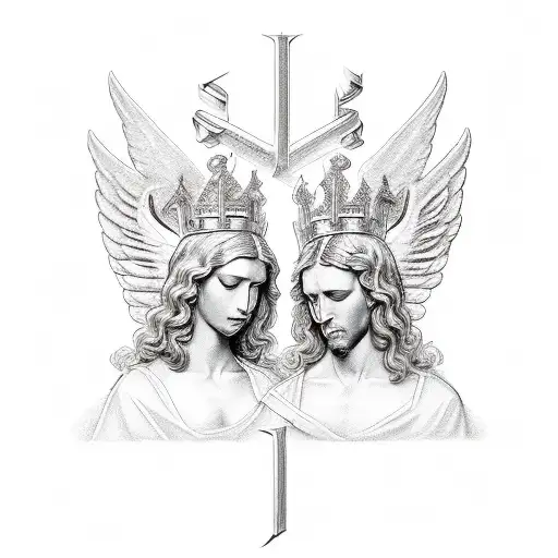two angels,the spike crown of jesus,money,two dates in roman letters conected on the chest and arms tattoo design idea