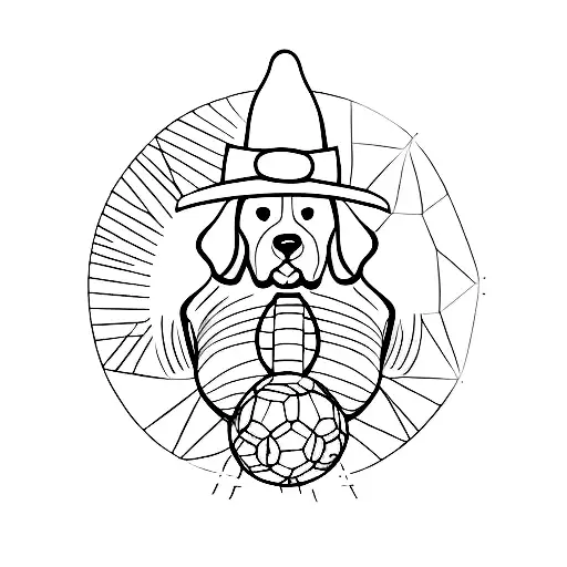 A minimalist silhouette of a dog playing soccer on the beach at sunset tattoo design idea