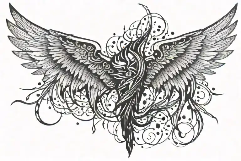 wings with fire and rain falling tattoo design idea