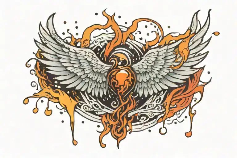 wings with fire and rain falling tattoo design idea