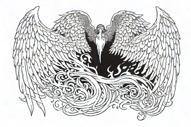 angel wings with fire and rain around them  tattoo design idea