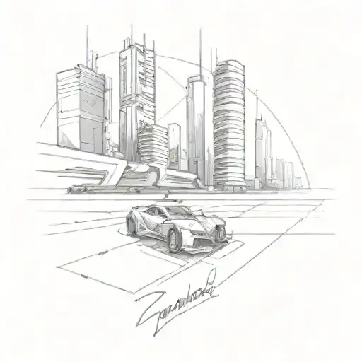 A sketch of a futuristic cyberpunk England skyline with Formula 1 cars racing through the streets, symbolizing the client's love for technology and racing tattoo design idea