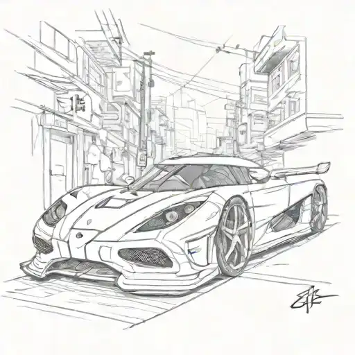 A sketch of a sleek Koenigsegg racing through the streets of Tokyo, combining the client's love for cars and Japanese culture tattoo design idea