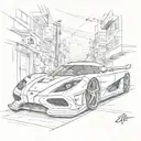 A sketch of a sleek Koenigsegg racing through the streets of Tokyo, combining the client's love for cars and Japanese culture tattoo design idea