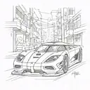 A sketch of a sleek Koenigsegg racing through the streets of Tokyo, combining the client's love for cars and Japanese culture tattoo design idea
