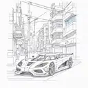 A sketch of a sleek Koenigsegg racing through the streets of Tokyo, combining the client's love for cars and Japanese culture tattoo design idea