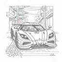 A sketch of a sleek Koenigsegg racing through the streets of Tokyo, combining the client's love for cars and Japanese culture tattoo design idea
