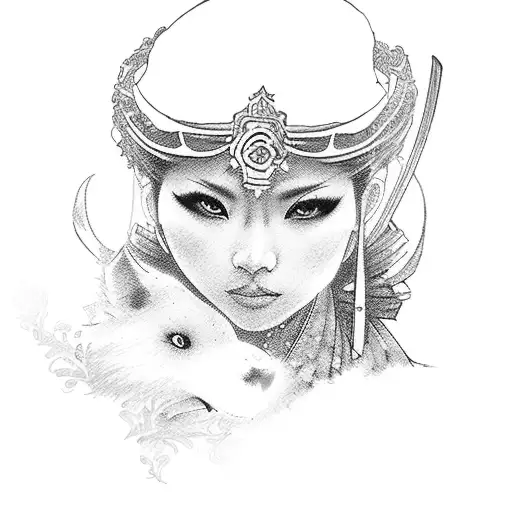 árbol cerezo, geisha guerrera con katana y zorro de nueve colas tattoo design idea