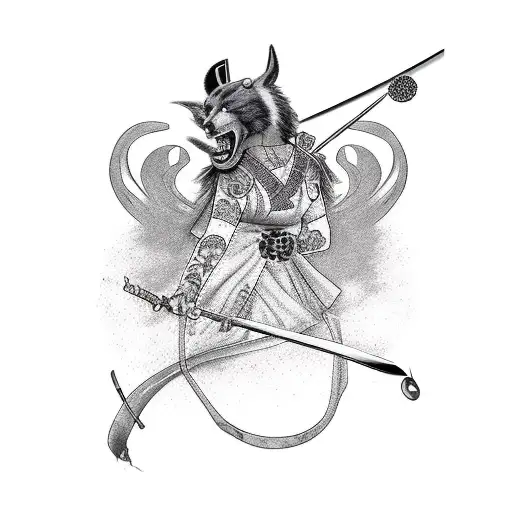 árbol cerezo, geisha guerrera con katana y zorro de nueve colas tattoo design idea