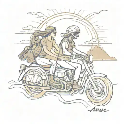 A romantic scene of a couple riding a motorcycle towards a sunset over a Greek island, with the word 'amor' elegantly incorporated tattoo design idea