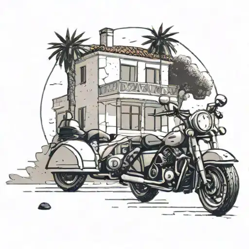 A minimalist illustration of a cozy Greek villa with a motorcycle parked in front, symbolizing the client's love for both tattoo design idea