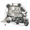 A minimalist illustration of a cozy Greek villa with a motorcycle parked in front, symbolizing the client's love for both tattoo design idea