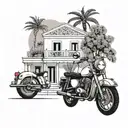 A minimalist illustration of a cozy Greek villa with a motorcycle parked in front, symbolizing the client's love for both tattoo design idea