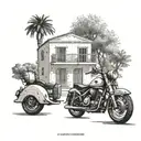A minimalist illustration of a cozy Greek villa with a motorcycle parked in front, symbolizing the client's love for both tattoo design idea