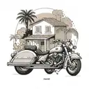 A minimalist illustration of a cozy Greek villa with a motorcycle parked in front, symbolizing the client's love for both tattoo design idea