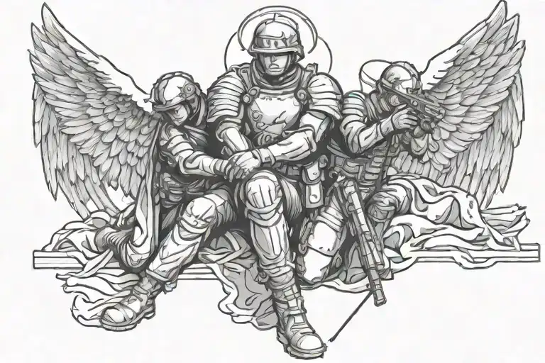soldier kneeling with angel behind protecting him from blast tattoo design idea