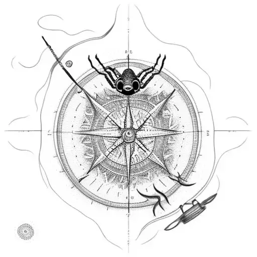 A dotwork tattoo of a topographic map of the client's favorite fishing spot, with a spider and a dog as compass markers tattoo design idea