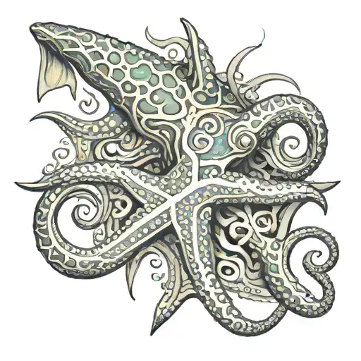 starfish and squid wrapped tattoo design idea