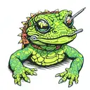 a neon green salamander, with hippy glasses, a plaid shirt, sandals, cigar in mouth tattoo design idea