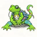 a neon green salamander, with hippy glasses, a plaid shirt, sandals, cigar in mouth tattoo design idea
