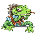 a neon green salamander, with hippy glasses, a plaid shirt, sandals, cigar in mouth tattoo design idea
