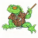 a neon green salamander, with hippy glasses, a plaid shirt, sandals, cigar in mouth tattoo design idea