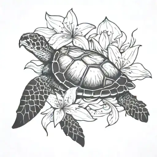Sea turtle with stargazer Lily as the shell tattoo design idea