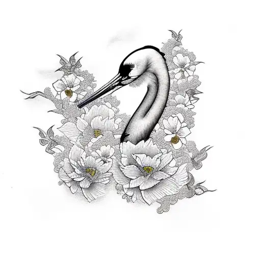 crane and flowers tattoo design idea