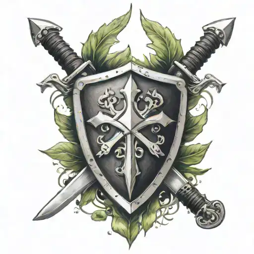 Large shield laurel wrapping 3 swords crossed tattoo design idea