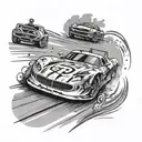 A dynamic scene of a late model race car speeding down the track, capturing the excitement of watching your son race tattoo design idea