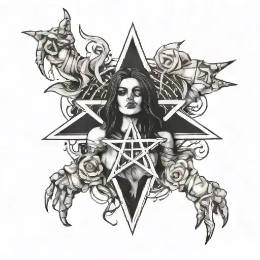 a pentagram with Alucard's gloves on the woman's chest. tattoo design idea