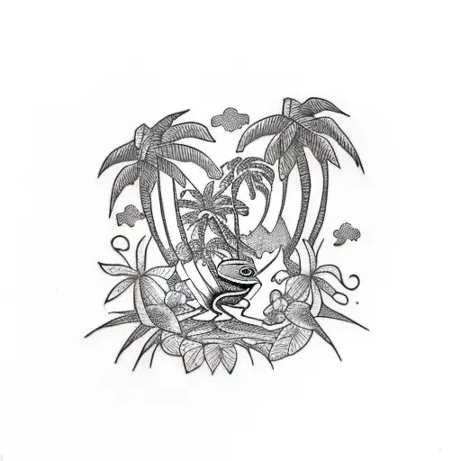 A traditional-style tattoo featuring a palm tree surrounded by tropical flowers, with a tree frog climbing up the trunk and a baby girl peeking out from behind the tree tattoo design idea