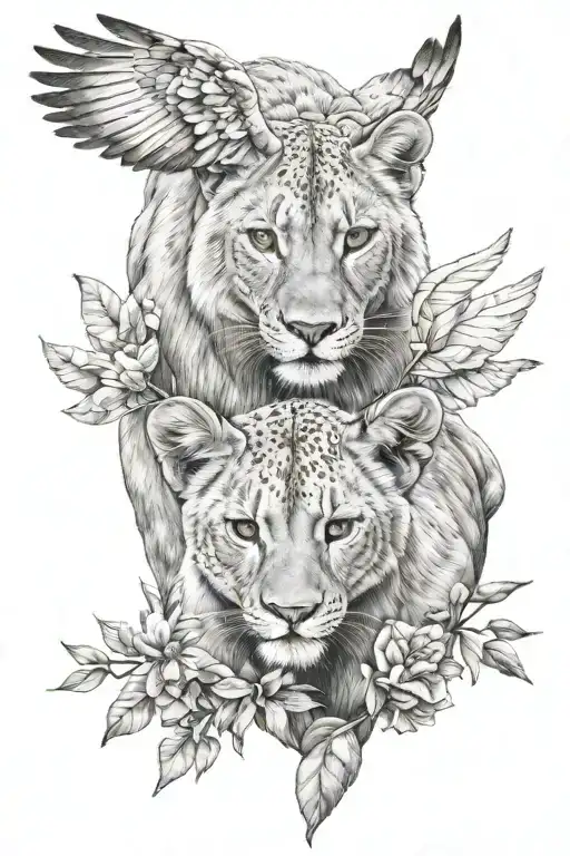 2 doves over lion cub tattoo design idea